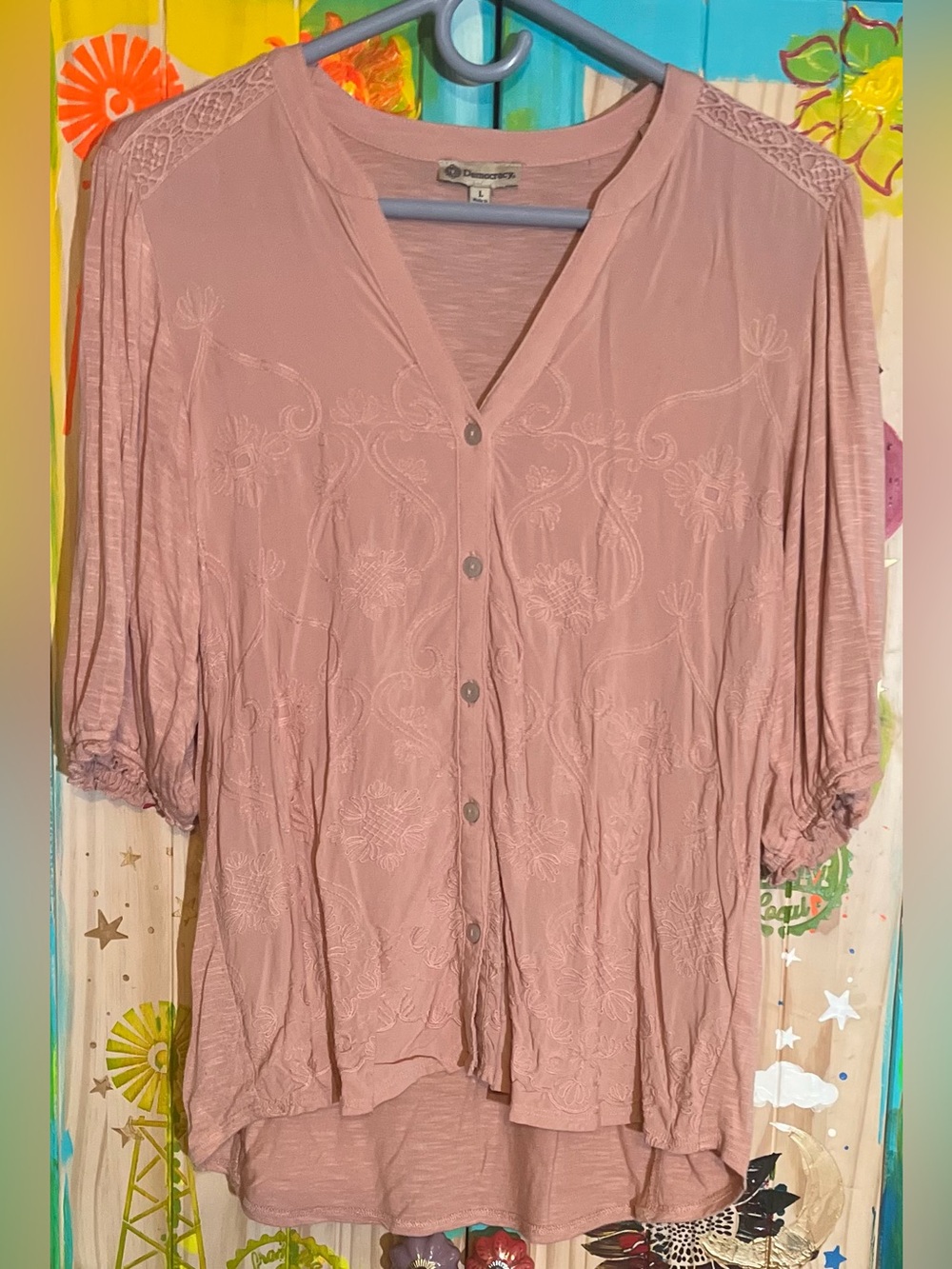 Democracy Dusty Rose Embroidered Button-Down Blouse | Boho Feminine